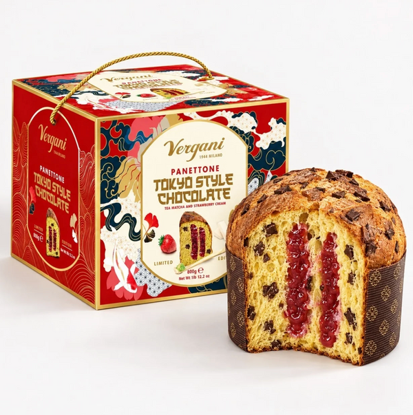 Vergani Milano Tokyo style Chocolate Panettone with Strawberry cream & Matcha 800g in Elegant Cardboard Box