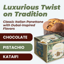 Vergani Milano Dubai style Chocolate Panettone with Pistachio cream & Kadayif 800g in Elegant Cardboard Box
