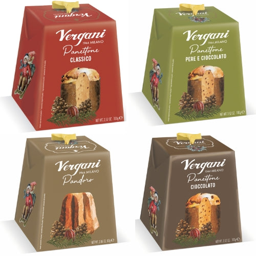 Vergani Milano Gift Box Mignon in Elegant Cardboard Box | Classic Panettone 100g + Pear&Chocolate Panettone 100g + Chocolate Panettone 100g + Pandoro 80g | 380g
