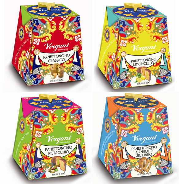 Vergani Milano Mini Panettone Sicily Trip Gift Box in Elegant Cardboard Box | Classic + Limoncello + Pistachio + Cannolo Panettoncino | 4X100g